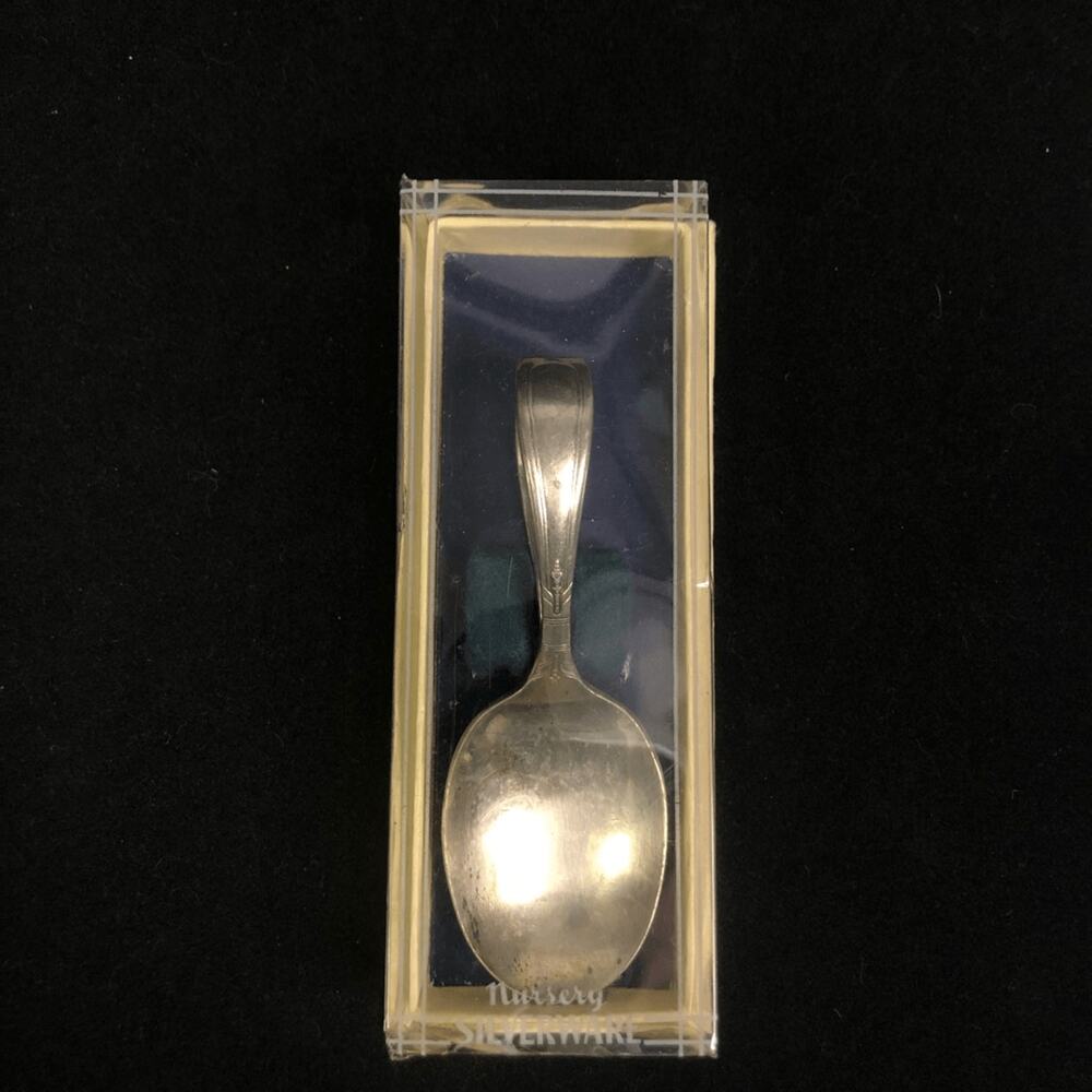 vtg 30s silver‎ plate baby spoon a1 june pattern curved spoon with box nursery